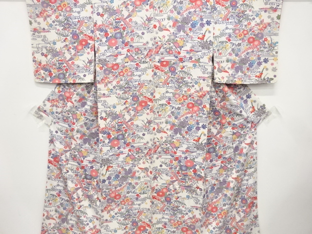 型染　草花に鶴・蝶模様　小紋着物